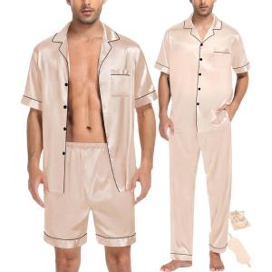 imageSWOMOG Mens 3pcs Pajamas Set Silk Satin Short Sleeve Sleepwear Button Down Pjs Classic Loungewear NightwearZlight Blonde