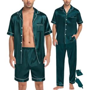 imageSWOMOG Mens 3pcs Pajamas Set Silk Satin Short Sleeve Sleepwear Button Down Pjs Classic Loungewear NightwearZmoss