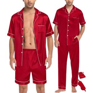 imageSWOMOG Mens 3pcs Pajamas Set Silk Satin Short Sleeve Sleepwear Button Down Pjs Classic Loungewear NightwearZruby