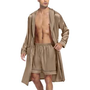 imageSWOMOG Mens Satin Robe Silky Kimono Bathrobe with Shorts Set Lightweight Soft Loungewear NightwearOpaue Couche