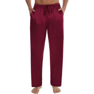 imageSWOMOG Mens Satin Silk Pajama Pant Long Pj Bottoms Soft Lounge Sleep Pants with PocketsA Wine Red