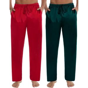 imageSWOMOG Mens Satin Silk Pajama Pant Long Pj Bottoms Soft Lounge Sleep Pants with PocketsB RedDeep Green