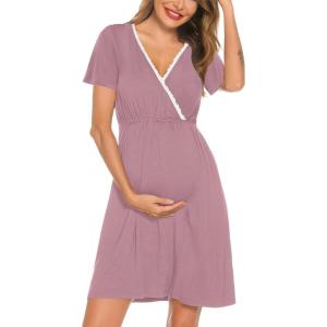 imageSWOMOG Women 3 in 1 DeliveryLaborNursing Nightgown Short Sleeve Pleated Maternity Sleepwear for BreastfeedingZfront Splitpaleiolet Red