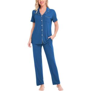 imageSWOMOG Women Pajama Sets TwoPiece Nightwear Short Sleeve Sleepwear Button Down Pj Lounge Sets with Long PantsRoyal Blue