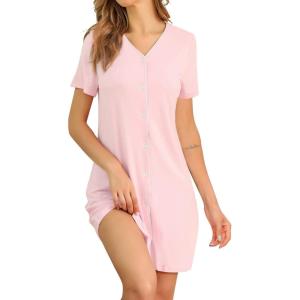 imageSWOMOG Womens Button Down Nightgown Short Sleeve Nightshirt VNeck Sleepwear Boyfriend Sleepshirt Pajama DressPink