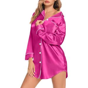 imageSWOMOG Womens Satin Sleep Shirt Long Sleeve Sleepwear Silk Nightshirt Button Down Pajama TopRose Red