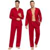 imageSWOMOG Matching Couple Pajamas Set Family Satin Silk Pjs Button Loungewear Men and Women Long Sleeve SleepwearRed
