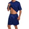 imageSWOMOG Men Satin Pajamas Set Short Sleeve Silk Sleepwear Button Down 2 Piece Loungewear with PocketsNavy Blue