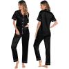 imageSWOMOG Womens 3pcs Pajamas Set Silk Satin Short Sleeve Sleepwear Button Down Loungewear Pjs NightwearBlack  2 Pockets