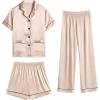 imageSWOMOG Womens 3pcs Pajamas Set Silk Satin Short Sleeve Sleepwear Button Down Loungewear Pjs NightwearChampagne  2 Pockets
