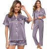 imageSWOMOG Womens 3pcs Pajamas Set Silk Satin Short Sleeve Sleepwear Button Down Loungewear Pjs NightwearChestnut