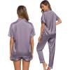 imageSWOMOG Womens 3pcs Pajamas Set Silk Satin Short Sleeve Sleepwear Button Down Loungewear Pjs NightwearChestnut