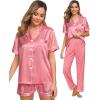imageSWOMOG Womens 3pcs Pajamas Set Silk Satin Short Sleeve Sleepwear Button Down Loungewear Pjs NightwearCoral Red