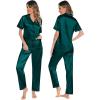 imageSWOMOG Womens 3pcs Pajamas Set Silk Satin Short Sleeve Sleepwear Button Down Loungewear Pjs NightwearDeep Green  2 Pockets