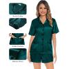 imageSWOMOG Womens 3pcs Pajamas Set Silk Satin Short Sleeve Sleepwear Button Down Loungewear Pjs NightwearDeep Green  2 Pockets