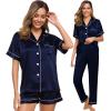 imageSWOMOG Womens 3pcs Pajamas Set Silk Satin Short Sleeve Sleepwear Button Down Loungewear Pjs NightwearDeep Navy Blue