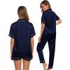 imageSWOMOG Womens 3pcs Pajamas Set Silk Satin Short Sleeve Sleepwear Button Down Loungewear Pjs NightwearDeep Navy Blue