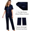 imageSWOMOG Womens 3pcs Pajamas Set Silk Satin Short Sleeve Sleepwear Button Down Loungewear Pjs NightwearDeep Navy Blue