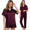 imageSWOMOG Womens 3pcs Pajamas Set Silk Satin Short Sleeve Sleepwear Button Down Loungewear Pjs NightwearDeep Wine Red