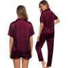 imageSWOMOG Womens 3pcs Pajamas Set Silk Satin Short Sleeve Sleepwear Button Down Loungewear Pjs NightwearDeep Wine Red