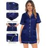 imageSWOMOG Womens 3pcs Pajamas Set Silk Satin Short Sleeve Sleepwear Button Down Loungewear Pjs NightwearNavy Blue  2 Pockets