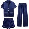 imageSWOMOG Womens 3pcs Pajamas Set Silk Satin Short Sleeve Sleepwear Button Down Loungewear Pjs NightwearNavy Blue  2 Pockets