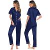 imageSWOMOG Womens 3pcs Pajamas Set Silk Satin Short Sleeve Sleepwear Button Down Loungewear Pjs NightwearNavy Blue  2 Pockets