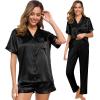 imageSWOMOG Womens 3pcs Pajamas Set Silk Satin Short Sleeve Sleepwear Button Down Loungewear Pjs NightwearObsidian