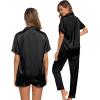 imageSWOMOG Womens 3pcs Pajamas Set Silk Satin Short Sleeve Sleepwear Button Down Loungewear Pjs NightwearObsidian