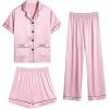 imageSWOMOG Womens 3pcs Pajamas Set Silk Satin Short Sleeve Sleepwear Button Down Loungewear Pjs NightwearPink  2 Pockets