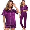 imageSWOMOG Womens 3pcs Pajamas Set Silk Satin Short Sleeve Sleepwear Button Down Loungewear Pjs NightwearPurple