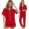 imageSWOMOG Womens 3pcs Pajamas Set Silk Satin Short Sleeve Sleepwear Button Down Loungewear Pjs NightwearRed Stripe