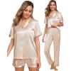 imageSWOMOG Womens 3pcs Pajamas Set Silk Satin Short Sleeve Sleepwear Button Down Loungewear Pjs NightwearSolid Champagne