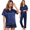 imageSWOMOG Womens 3pcs Pajamas Set Silk Satin Short Sleeve Sleepwear Button Down Loungewear Pjs NightwearSolid Navy Blue