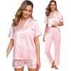 imageSWOMOG Womens 3pcs Pajamas Set Silk Satin Short Sleeve Sleepwear Button Down Loungewear Pjs NightwearSolid Pink