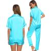 imageSWOMOG Womens 3pcs Pajamas Set Silk Satin Short Sleeve Sleepwear Button Down Loungewear Pjs NightwearTf Blue