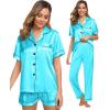 imageSWOMOG Womens 3pcs Pajamas Set Silk Satin Short Sleeve Sleepwear Button Down Loungewear Pjs NightwearTf Blue