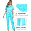 imageSWOMOG Womens 3pcs Pajamas Set Silk Satin Short Sleeve Sleepwear Button Down Loungewear Pjs NightwearTf Blue
