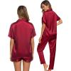 imageSWOMOG Womens 3pcs Pajamas Set Silk Satin Short Sleeve Sleepwear Button Down Loungewear Pjs NightwearWine Red