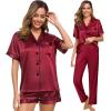 imageSWOMOG Womens 3pcs Pajamas Set Silk Satin Short Sleeve Sleepwear Button Down Loungewear Pjs NightwearWine Red