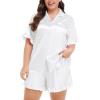 imageSWOMOG Womens Satin Plus Size Pajamas Silk Short Sleeve Pjs Sets Ruffle Shorts 2 Piece Loose Outfit Sleepwear with PocketWhite