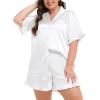 imageSWOMOG Womens Satin Plus Size Pajamas Silk Short Sleeve Pjs Sets Ruffle Shorts 2 Piece Loose Outfit Sleepwear with PocketWhite