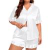 imageSWOMOG Womens Satin Plus Size Pajamas Silk Short Sleeve Pjs Sets Ruffle Shorts 2 Piece Loose Outfit Sleepwear with PocketWhite
