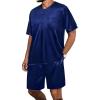 imageSWOMOG Men Satin Pajamas Set Short Sleeve Silk Sleepwear Button Down 2 Piece Loungewear with PocketsNavy Blue