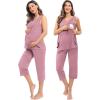 imageSWOMOG Women Maternity Pajama Set Nursing Pjs Double Layer Sleeveless Top Capri Pregnancy Set Breastfeeding Pjs with PocketsTaro Purple