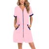 imageSWOMOG Women Zipper Up Robe Short Sleeves Nightgown Zip Front Housecoat Soft Bathrobe with PocketsPink