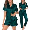 imageSWOMOG Womens 3pcs Pajamas Set Silk Satin Short Sleeve Sleepwear Button Down Loungewear Pjs NightwearDeep Green  2 Pockets