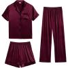 imageSWOMOG Womens 3pcs Pajamas Set Silk Satin Short Sleeve Sleepwear Button Down Loungewear Pjs NightwearDeep Wine Red