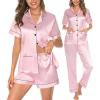 imageSWOMOG Womens 3pcs Pajamas Set Silk Satin Short Sleeve Sleepwear Button Down Loungewear Pjs NightwearPink  2 Pockets