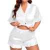 imageSWOMOG Womens Satin Plus Size Pajamas Silk Short Sleeve Pjs Sets Ruffle Shorts 2 Piece Loose Outfit Sleepwear with PocketWhite